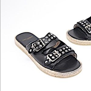 SAINT LAURENT Black Leather Espadrille Slides